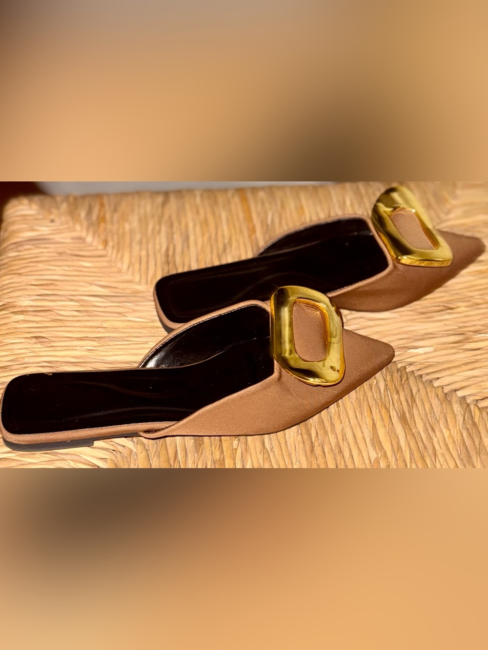Women’s Pointed Toe Slide Mules with Gold Accent - Tan - Picture 2 of 6